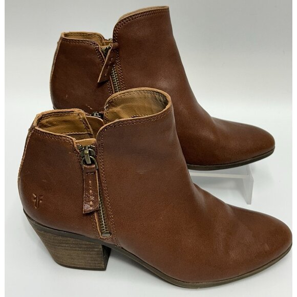 Frye Judith Double Zip Leather Ankle Boots Heel Booties Cognac Brown 7M Women’s - Picture 1 of 9